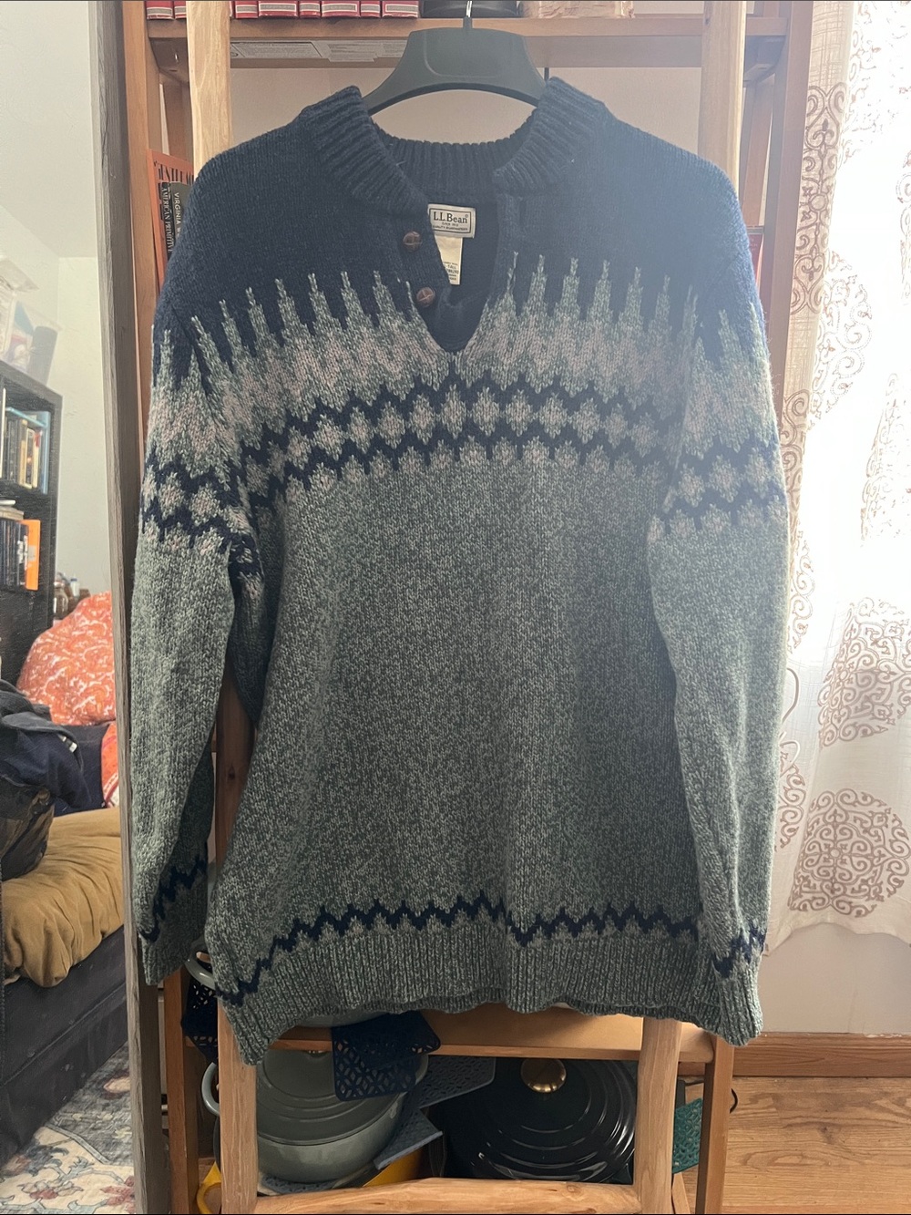 L.L. Bean Men's Navy and Gray Nordic-Pattern V-Neck Sweater